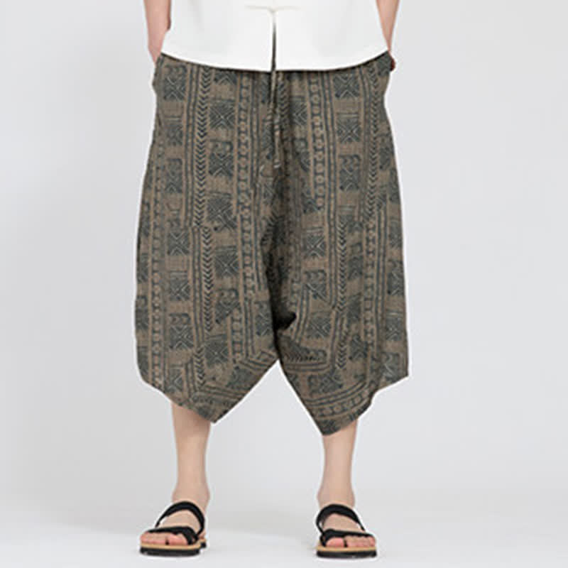 Buddha Stones Letnie spodnie capri w stylu boho casual z elastyczną talią i geometrycznym kwiatowym wzorem, męskie spodnie haremowe - image 1