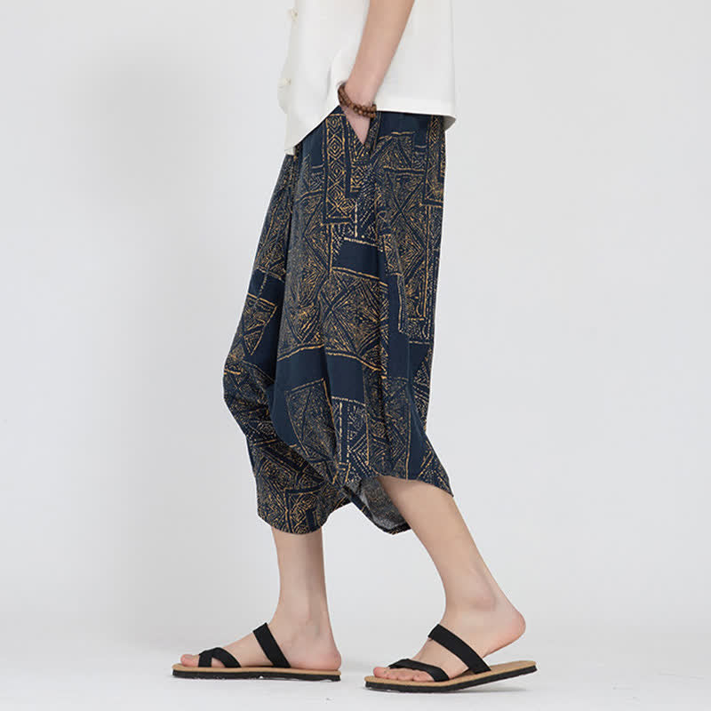 Buddha Stones Letnie spodnie capri w stylu boho casual z elastyczną talią i geometrycznym kwiatowym wzorem, męskie spodnie haremowe - image 13