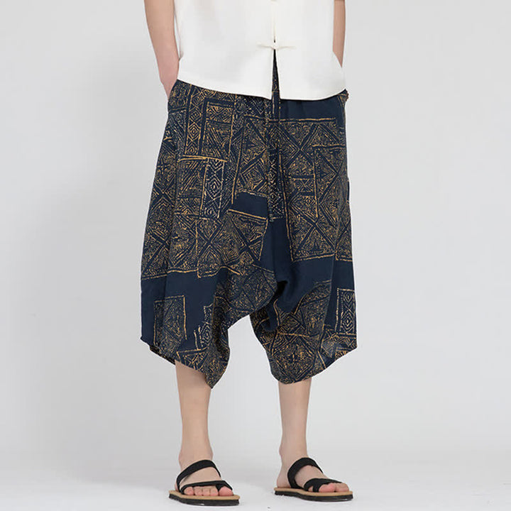 Buddha Stones Letnie spodnie capri w stylu boho casual z elastyczną talią i geometrycznym kwiatowym wzorem, męskie spodnie haremowe - Stalowoniebieski - US/UK/AU46， EU56 (5XL) - image 14