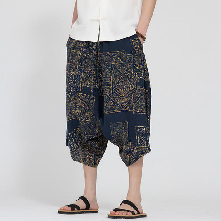 Buddha Stones Letnie spodnie capri w stylu boho casual z elastyczną talią i geometrycznym kwiatowym wzorem, męskie spodnie haremowe - image 15