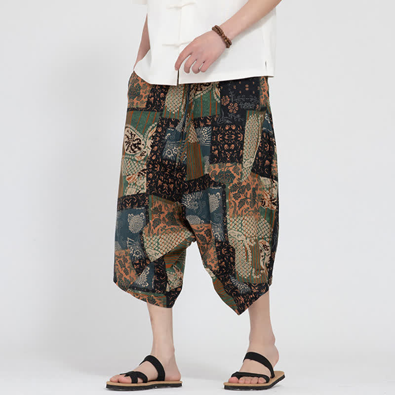 Buddha Stones Letnie spodnie capri w stylu boho casual z elastyczną talią i geometrycznym kwiatowym wzorem, męskie spodnie haremowe - DarkGoldenrod - US/UK/AU46， EU56 (5XL) - image 20