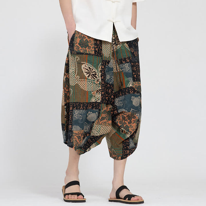 Buddha Stones Letnie spodnie capri w stylu boho casual z elastyczną talią i geometrycznym kwiatowym wzorem, męskie spodnie haremowe - image 24
