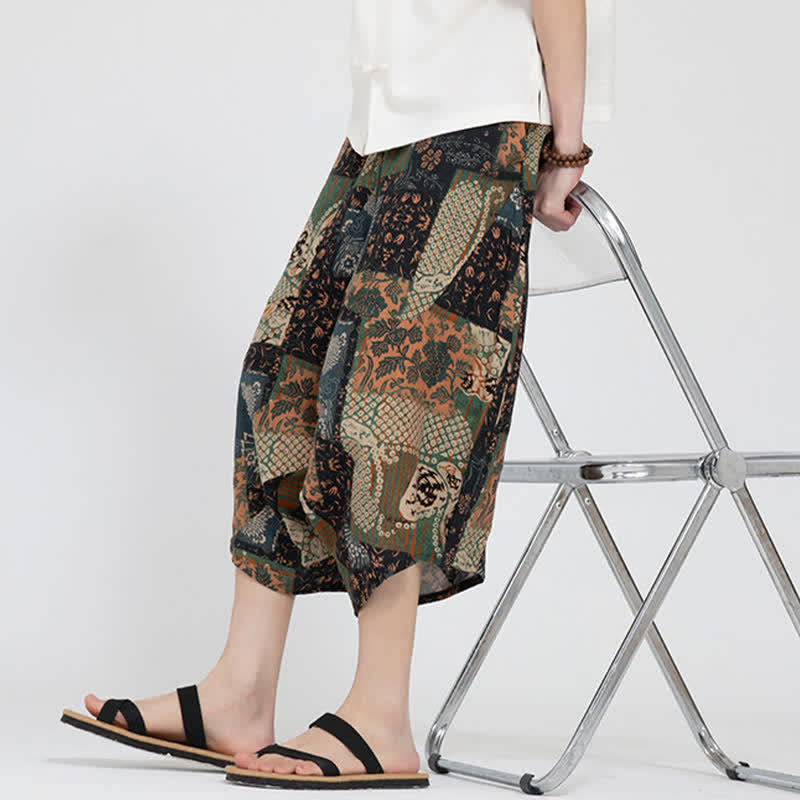 Buddha Stones Letnie spodnie capri w stylu boho casual z elastyczną talią i geometrycznym kwiatowym wzorem, męskie spodnie haremowe - image 27