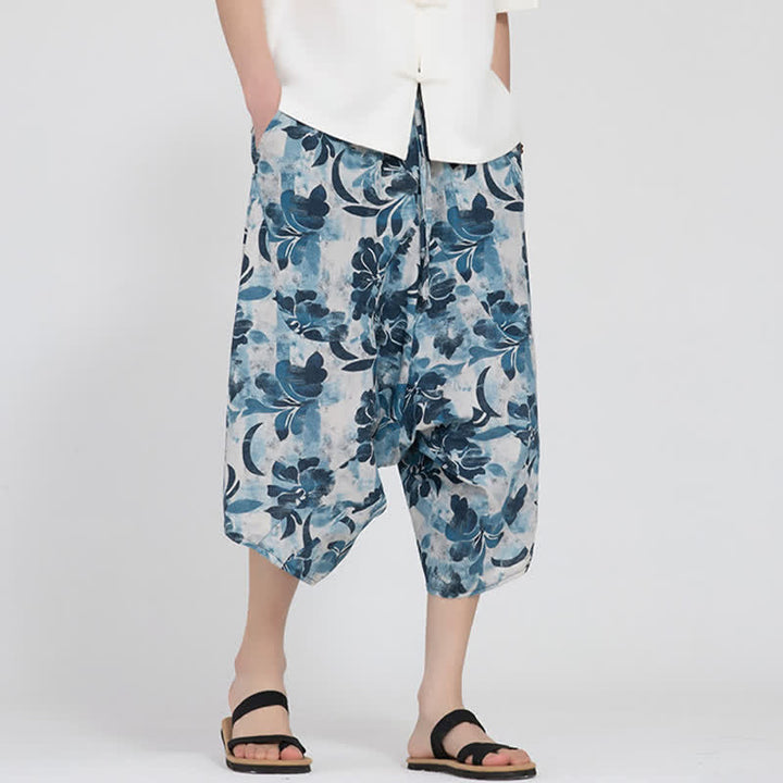 Buddha Stones Letnie spodnie capri w stylu boho casual z elastyczną talią i geometrycznym kwiatowym wzorem, męskie spodnie haremowe - Jasnoniebieski - US/UK/AU46， EU56 (5XL) - image 29