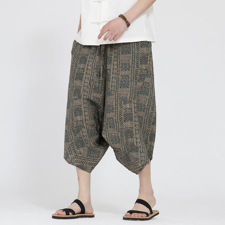 Buddha Stones Letnie spodnie capri w stylu boho casual z elastyczną talią i geometrycznym kwiatowym wzorem, męskie spodnie haremowe - image 4