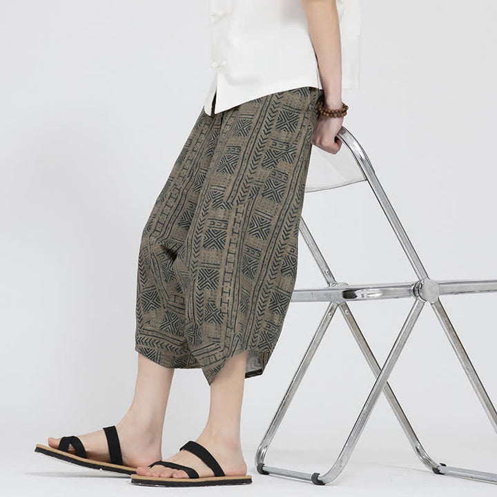 Buddha Stones Letnie spodnie capri w stylu boho casual z elastyczną talią i geometrycznym kwiatowym wzorem, męskie spodnie haremowe - image 8