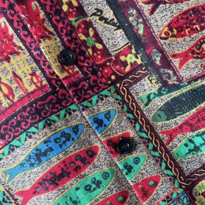 Buddha Stones Letnie koszule męskie z krótkim rękawem w stylu boho vintage, zapinane na guziki i w geometryczne wzory - image 10