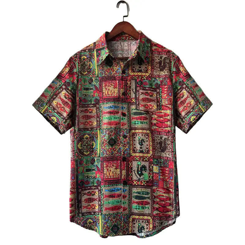 Buddha Stones Letnie koszule męskie z krótkim rękawem w stylu boho vintage, zapinane na guziki i w geometryczne wzory - Karmazynowy - US/UK/AU44， EU54 (3XL) - image 6