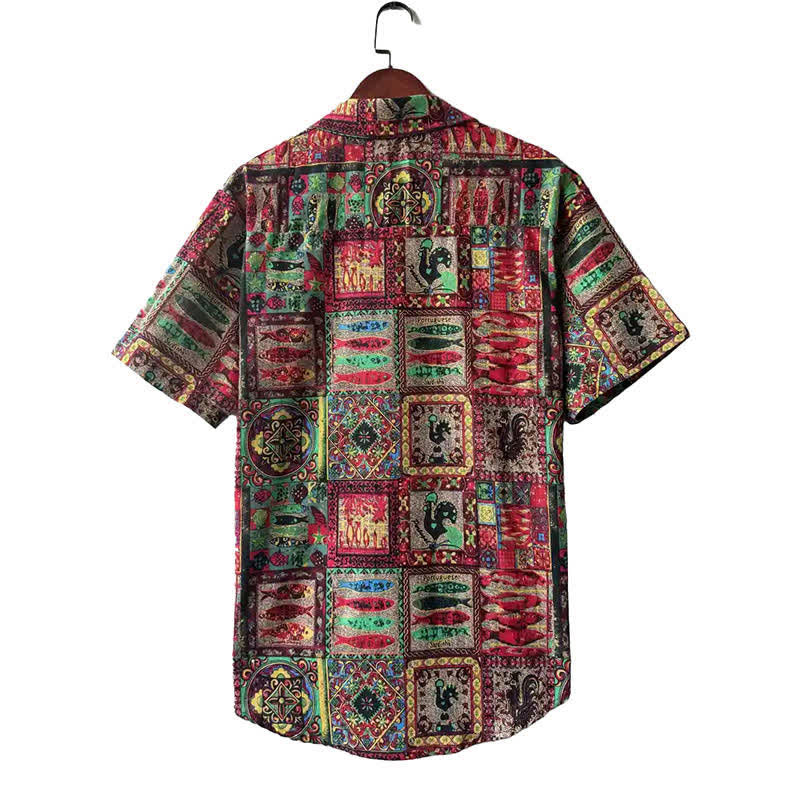 Buddha Stones Letnie koszule męskie z krótkim rękawem w stylu boho vintage, zapinane na guziki i w geometryczne wzory - image 7