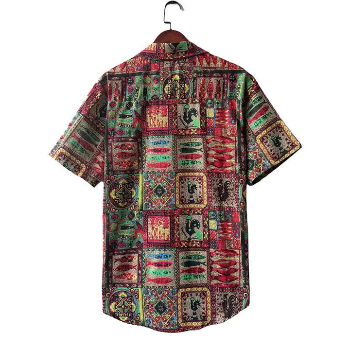Buddha Stones Letnie koszule męskie z krótkim rękawem w stylu boho vintage, zapinane na guziki i w geometryczne wzory - image 7
