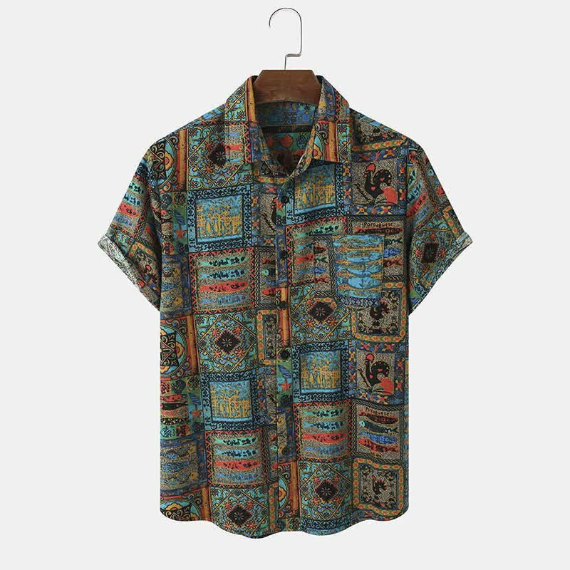 Buddha Stones Letnie koszule męskie z krótkim rękawem w stylu boho vintage, zapinane na guziki i w geometryczne wzory - Cyraneczka - US/UK/AU40, EU50 (3XL) - image 0