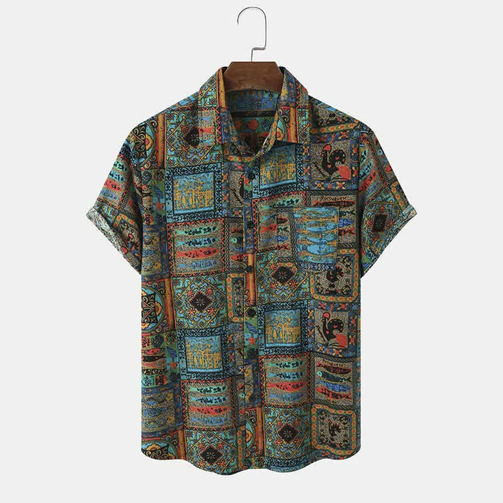 Buddha Stones Letnie koszule męskie z krótkim rękawem w stylu boho vintage, zapinane na guziki i w geometryczne wzory - Cyraneczka - US/UK/AU44， EU54 (3XL) - image 0