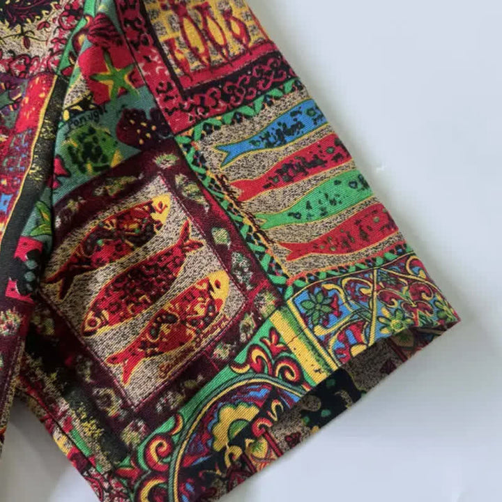 Buddha Stones Letnie koszule męskie z krótkim rękawem w stylu boho vintage, zapinane na guziki i w geometryczne wzory - image 9