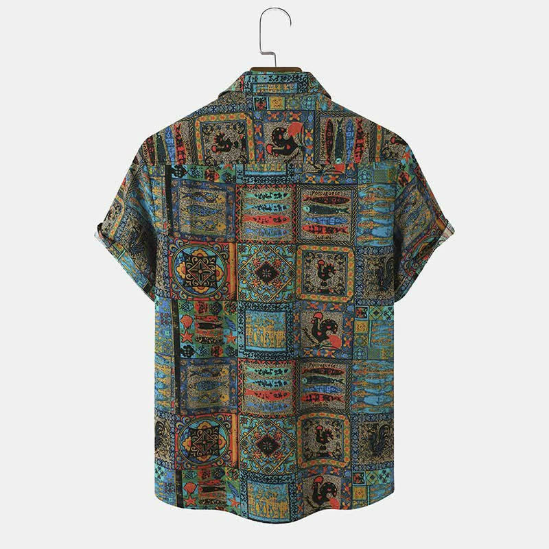 Buddha Stones Letnie koszule męskie z krótkim rękawem w stylu boho vintage, zapinane na guziki i w geometryczne wzory - image 1