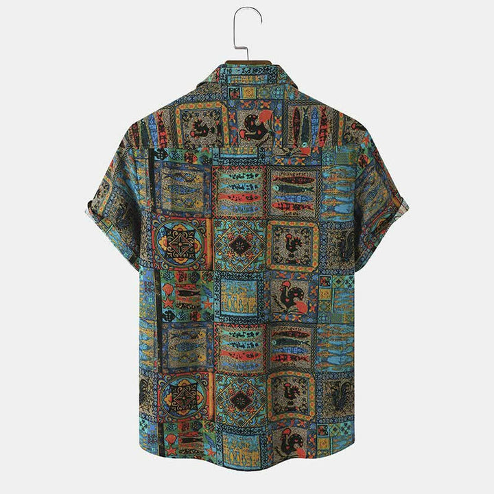 Buddha Stones Letnie koszule męskie z krótkim rękawem w stylu boho vintage, zapinane na guziki i w geometryczne wzory - image 1