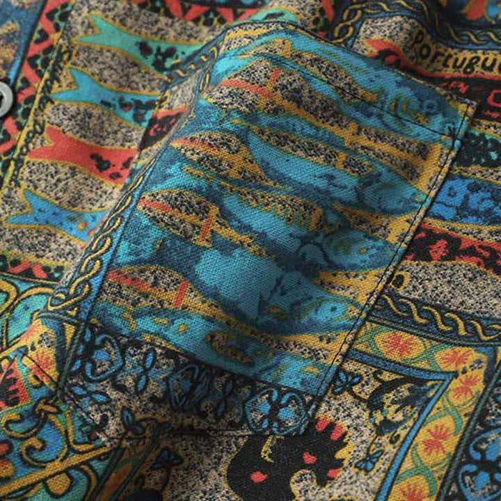 Buddha Stones Letnie koszule męskie z krótkim rękawem w stylu boho vintage, zapinane na guziki i w geometryczne wzory - image 3