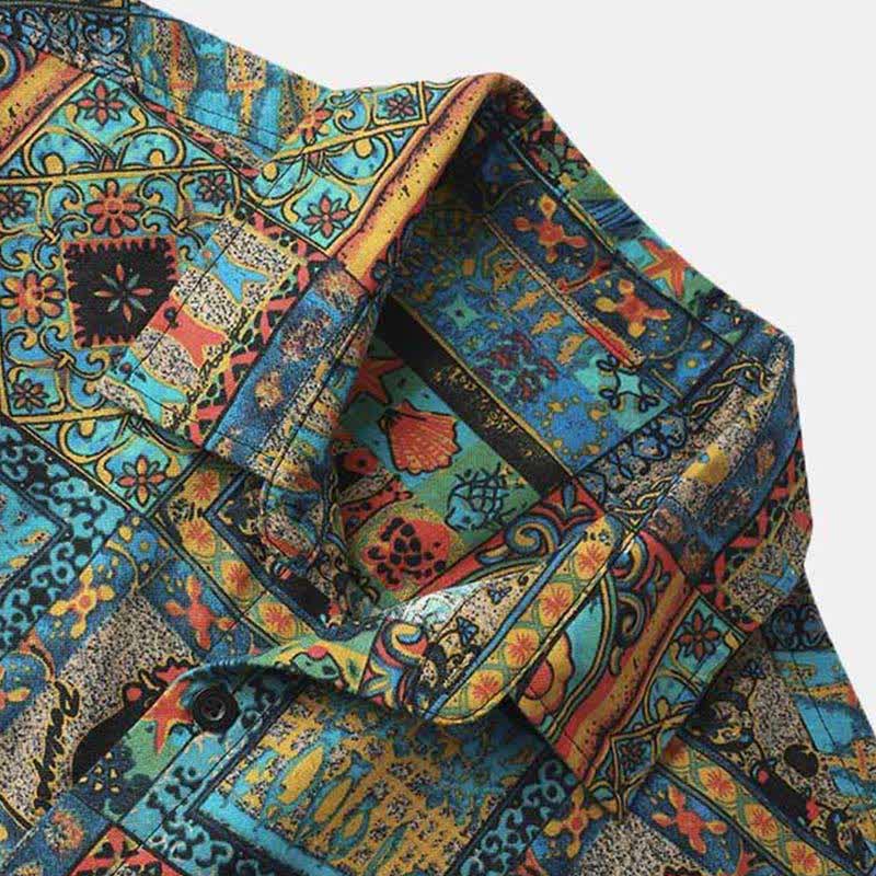 Buddha Stones Letnie koszule męskie z krótkim rękawem w stylu boho vintage, zapinane na guziki i w geometryczne wzory - image 2
