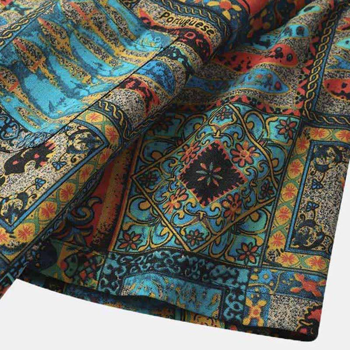 Buddha Stones Letnie koszule męskie z krótkim rękawem w stylu boho vintage, zapinane na guziki i w geometryczne wzory - image 4