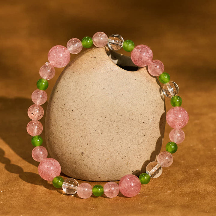Buddha Stones Bransoletka lecznicza z kwarcu truskawkowego i zielonego agatu z przezroczystym kwarcem - Kwarc truskawkowy (obwód nadgarstka: 16–17 cm) - image 0