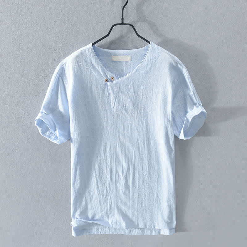 Buddha Stones Letnie, swobodne, asymetryczne koszule męskie z krótkim rękawem i dekoltem w serek, zapinane na guziki - LightSkyBlue - US/UK/AU42， EU52 (3XL) - image 4