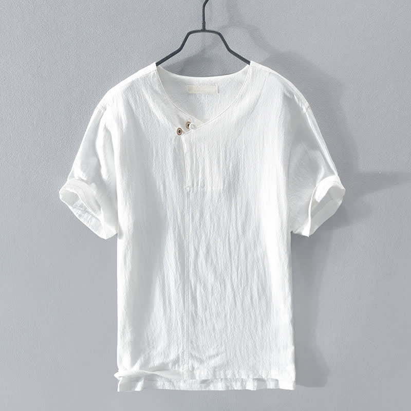 Buddha Stones Letnie, swobodne, asymetryczne koszule męskie z krótkim rękawem i dekoltem w serek, zapinane na guziki - Biały - US/UK/AU42， EU52 (3XL) - image 12