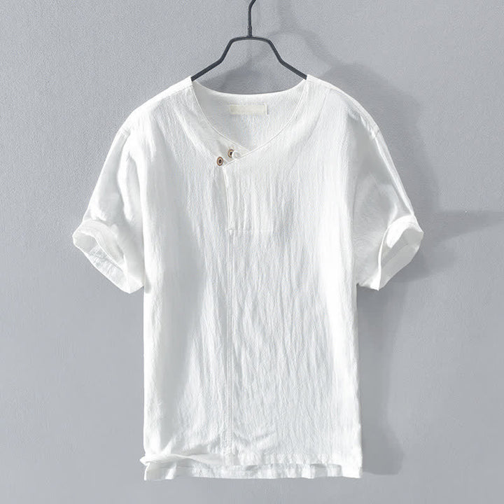 Buddha Stones Letnie, swobodne, asymetryczne koszule męskie z krótkim rękawem i dekoltem w serek, zapinane na guziki - Biały - US/UK/AU42， EU52 (3XL) - image 12