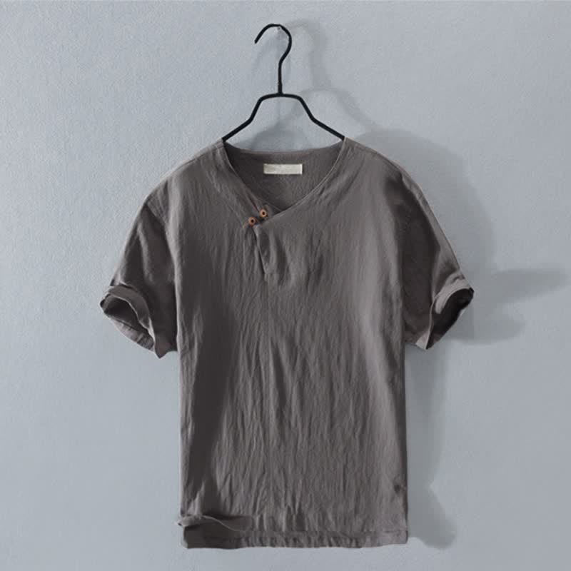 Buddha Stones Letnie, swobodne, asymetryczne koszule męskie z krótkim rękawem i dekoltem w serek, zapinane na guziki - DimGray - US/UK/AU42， EU52 (3XL) - image 0