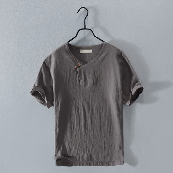 Buddha Stones Letnie, swobodne, asymetryczne koszule męskie z krótkim rękawem i dekoltem w serek, zapinane na guziki - DimGray - US/UK/AU42， EU52 (3XL) - image 0