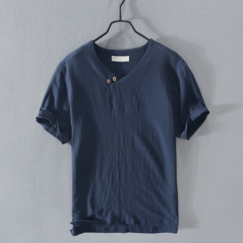 Buddha Stones Letnie, swobodne, asymetryczne koszule męskie z krótkim rękawem i dekoltem w serek, zapinane na guziki - RoyalBlue - US/UK/AU42， EU52 (3XL) - image 8