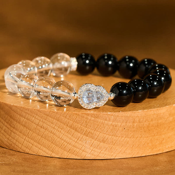 Buddha Stones Bransoletka z przezroczystego kwarcu i czarnego obsydianu z tykwy - image 18