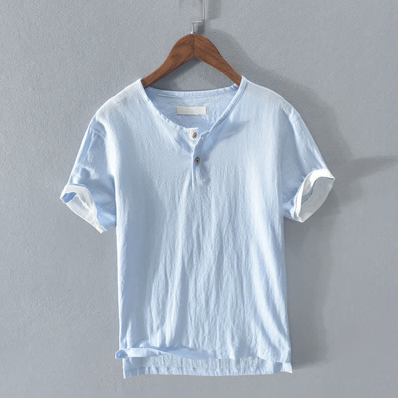 Buddha Stones Letnie, swobodne, minimalistyczne koszule męskie z krótkim rękawem, z dwóch guzików, z litej bawełny i lnu - LightSkyBlue - US/UK/AU42， EU52 (3XL) - image 6