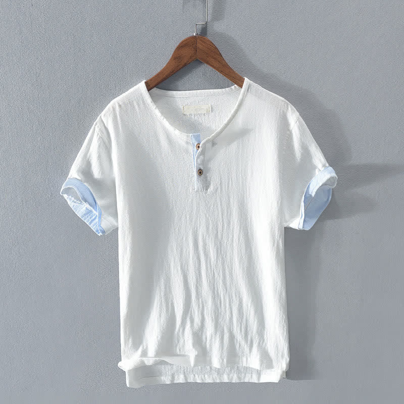 Buddha Stones Letnie, swobodne, minimalistyczne koszule męskie z krótkim rękawem, z dwóch guzików, z litej bawełny i lnu - Biały - US/UK/AU42， EU52 (3XL) - image 10