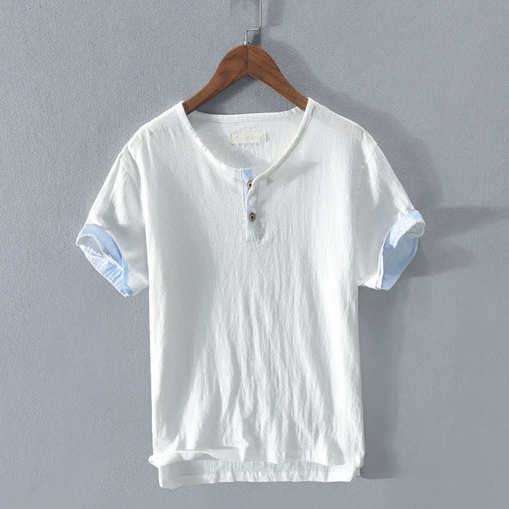 Buddha Stones Letnie, swobodne, minimalistyczne koszule męskie z krótkim rękawem, z dwóch guzików, z litej bawełny i lnu - Biały - US/UK/AU42， EU52 (3XL) - image 10
