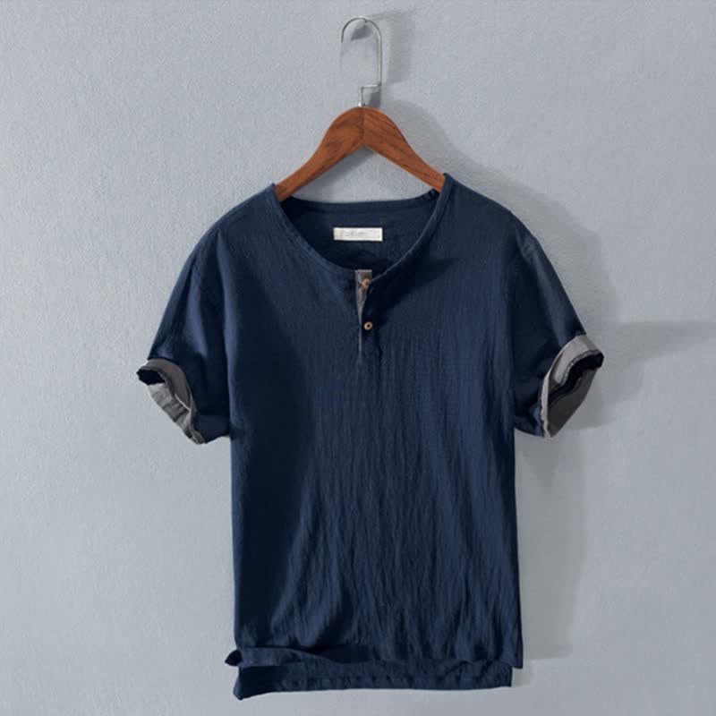 Buddha Stones Letnie, swobodne, minimalistyczne koszule męskie z krótkim rękawem, z dwóch guzików, z litej bawełny i lnu - MidnightBlue - US/UK/AU42， EU52 (3XL) - image 5