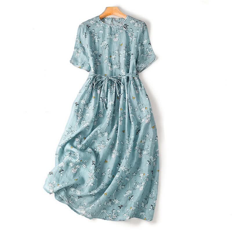 Buddha Stones Letnia, swobodna, vintage, damska sukienka z krótkim rękawem i ściągaczem w kolorze niebieskim i kwiatowym - PowderBlue - US12, UK/AU16, EU44 (2XL) - image 0
