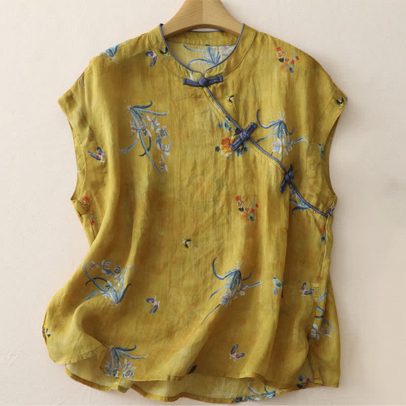 Buddha Stones Letnia koszulka damska bez rękawów w stylu Tang z żabą i kwiatowym nadrukiem w stylu orchidei - Peru - Bez rękawów - US12, UK/AU16, EU44 (2XL) - image 0