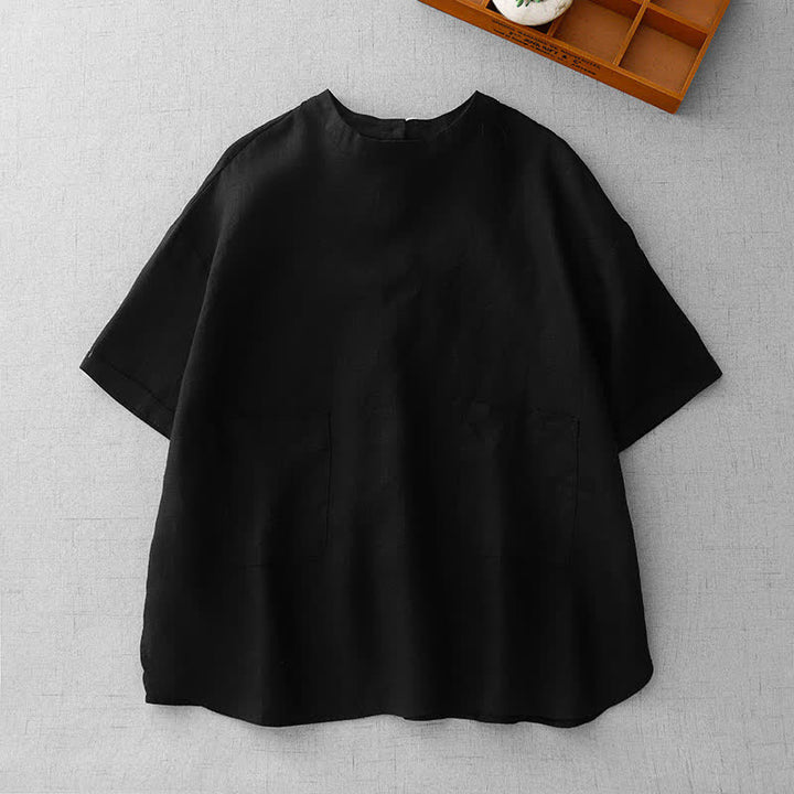 Buddha Stones Letnie, swobodne, minimalistyczne, damskie koszulki z krótkim rękawem i kieszeniami z przodu, z guzikami z tyłu - Czarny - US14, UK/AU18, EU46 (2XL) - image 17