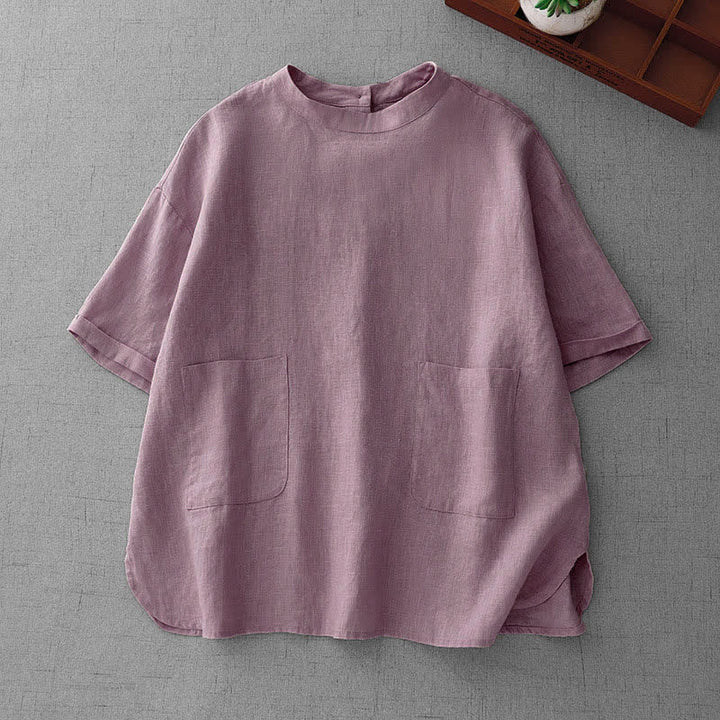 Buddha Stones Letnie, swobodne, minimalistyczne, damskie koszulki z krótkim rękawem i kieszeniami z przodu, z guzikami z tyłu - Oset - US14, UK/AU18, EU46 (2XL) - image 0
