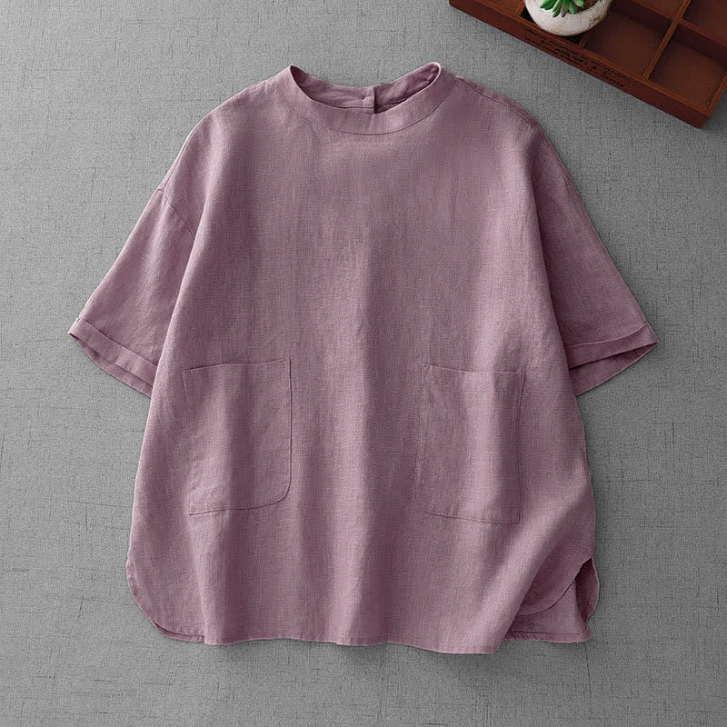 Buddha Stones Letnie, swobodne, minimalistyczne, damskie koszulki z krótkim rękawem i kieszeniami z przodu, z guzikami z tyłu - Oset - US14, UK/AU18, EU46 (2XL) - image 0