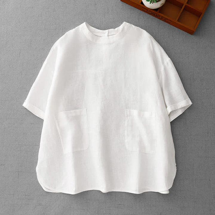 Buddha Stones Letnie, swobodne, minimalistyczne, damskie koszulki z krótkim rękawem i kieszeniami z przodu, z guzikami z tyłu - Biały - US14, UK/AU18, EU46 (2XL) - image 23
