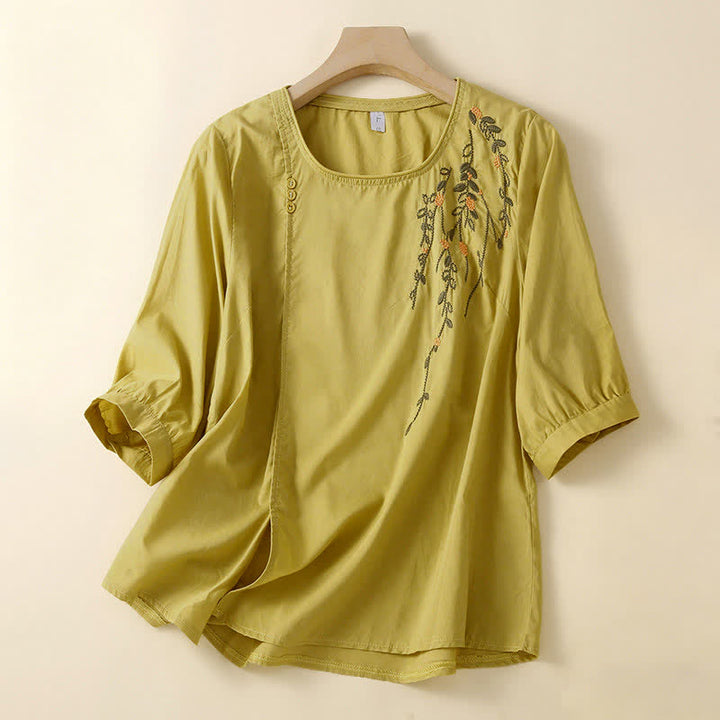 Buddha Stones Letnie, swobodne, damskie koszulki z krótkim rękawem i okrągłym dekoltem, haftowane kwiaty - Blada nawłoć - US14, UK/AU18, EU46 (4XL) - image 6