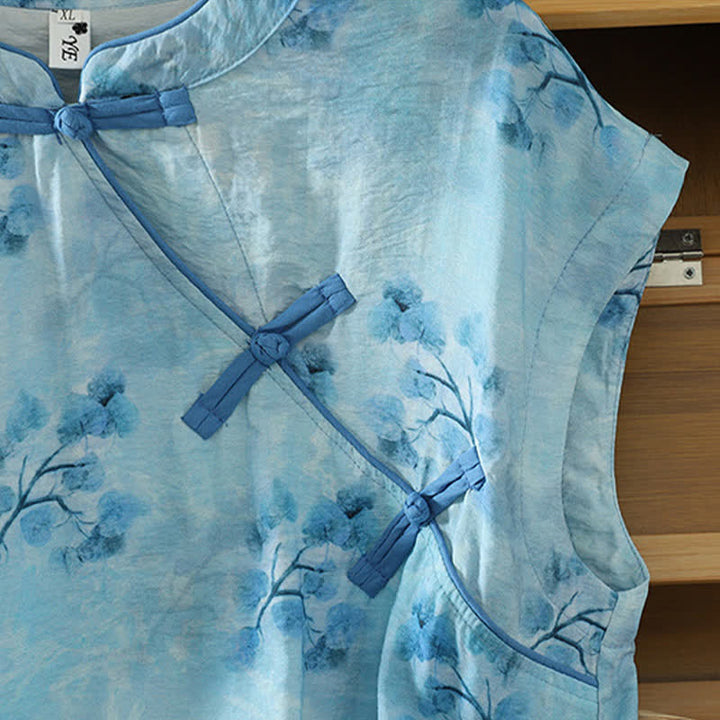Buddha Stones Letnia elegancka damska koszula bez rękawów z kołnierzykiem typu stójka i rozcięciem z boku w kwiatowy wzór - image 7