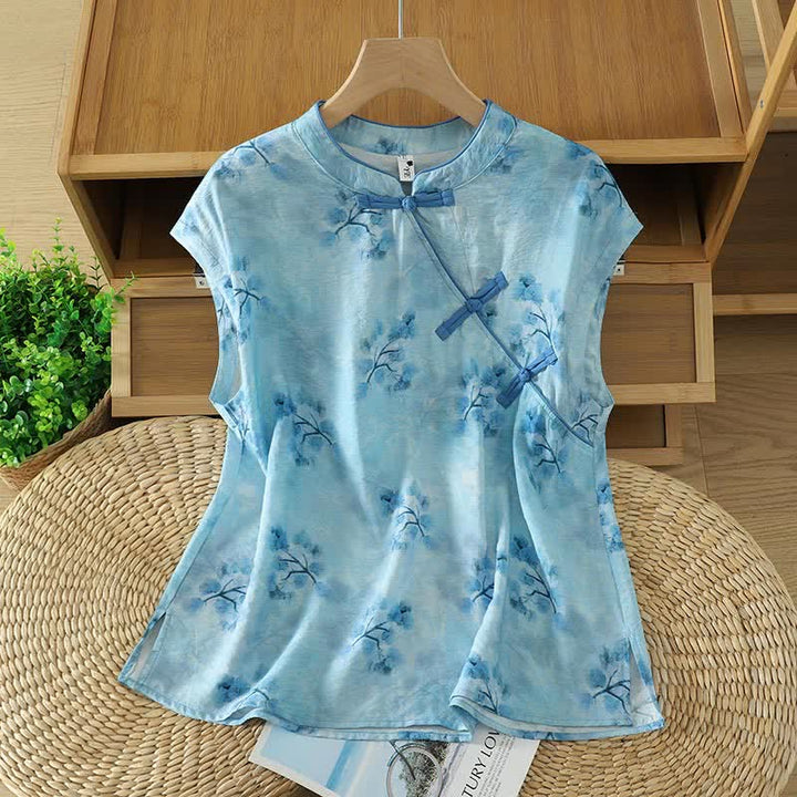 Buddha Stones Letnia elegancka damska koszula bez rękawów z kołnierzykiem typu stójka i rozcięciem z boku w kwiatowy wzór - PowderBlue - US14, UK/AU18, EU46 (2XL) - image 5