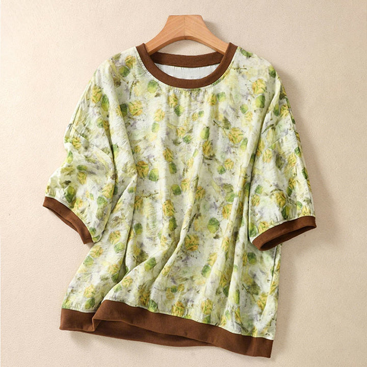 Buddha Stones Letnie, vintage'owe damskie koszulki z krótkim rękawem i okrągłym dekoltem w kwiaty - Żółtozielony - US14, UK/AU18, EU46 (2XL) - image 7