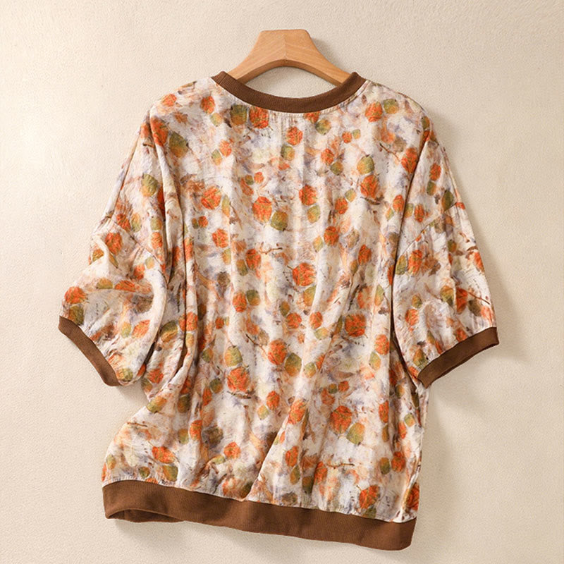 Buddha Stones Letnie, vintage'owe damskie koszulki z krótkim rękawem i okrągłym dekoltem w kwiaty - image 15
