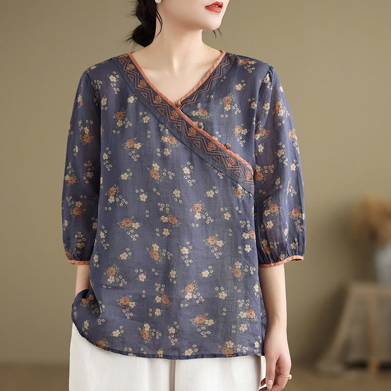 Buddha Stones Letnie koszule damskie w kwiaty w stylu vintage z dekoltem w serek i rękawami do łokcia - DarkSlateBlue - US8-10，UK/AU12-14，EU40-42 (2XL) - image 0