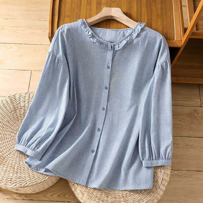 Buddha Stones Koszule damskie z długim rękawem w kratkę gingham, wiosenne, zapinane na guziki - PowderBlue - US8-10，UK/AU12-14，EU40-42 (2XL) - image 9