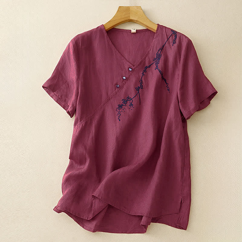 Buddha Stones Letnie, vintage, solidne, haftowane, ozdobne guziki, damskie koszule z krótkim rękawem - Bladofioletowoczerwony - US8-10，UK/AU12-14，EU40-42 (2XL) - image 12