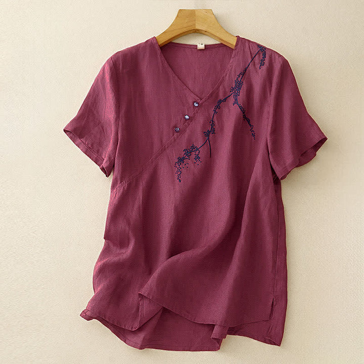 Buddha Stones Letnie, vintage, solidne, haftowane, ozdobne guziki, damskie koszule z krótkim rękawem - Bladofioletowoczerwony - US8-10，UK/AU12-14，EU40-42 (2XL) - image 12