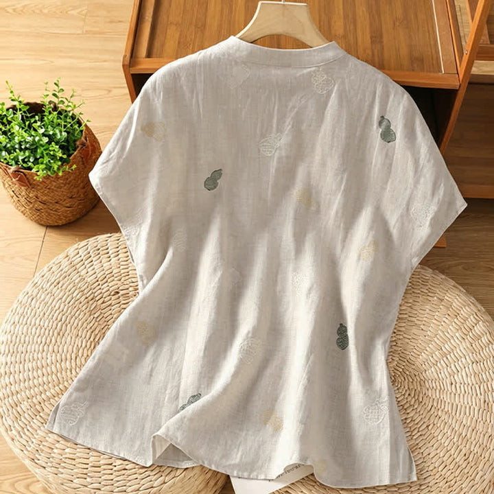 Buddha Stones Letnie koszule damskie z krótkim rękawem w stylu Tang z kołnierzykiem mandaryńskim i guzikami żabki - image 13